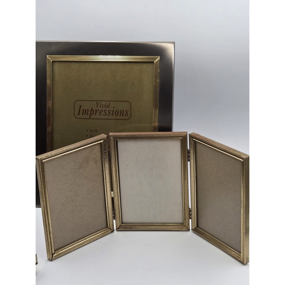 Lot of 4 Vintage Picture Frames Hinge Free Standing Gold Tone Metal MCM Embossed - Picture 4 of 8